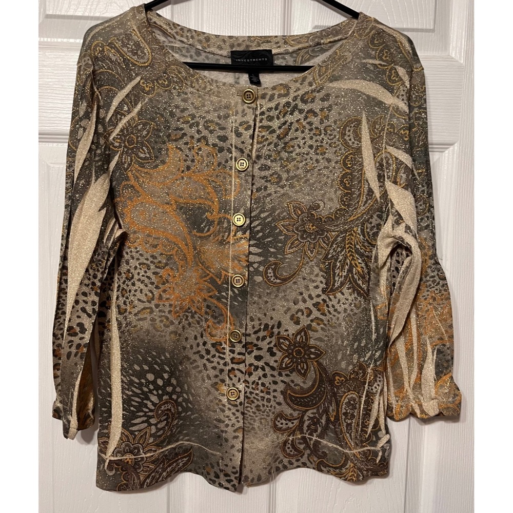 Investments‎ Womens L Neutral Gold Leopard Paisley Lurex Button Cardigan